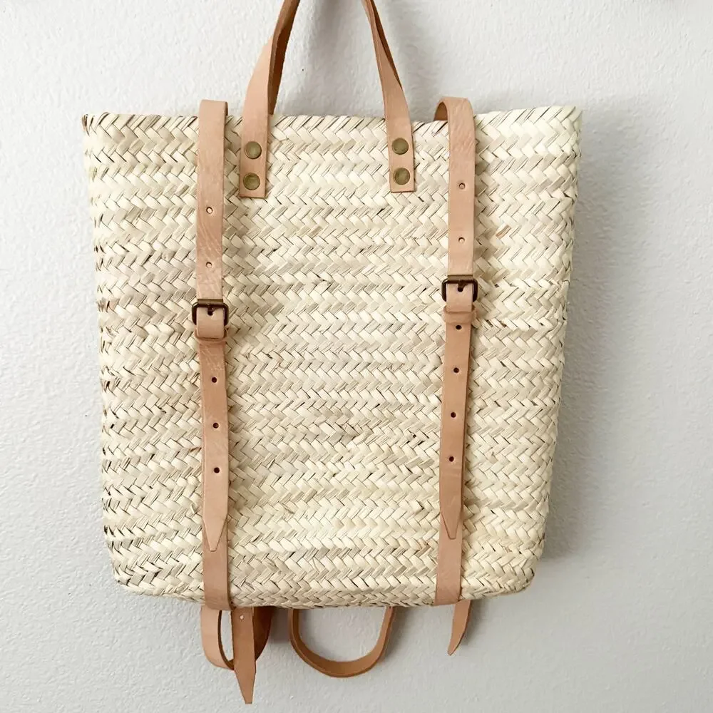 BOUTIQUE | Rattan Woven Wicker Basket Style Backpack Tote Bag Leather Straps - Picture 1 of 7